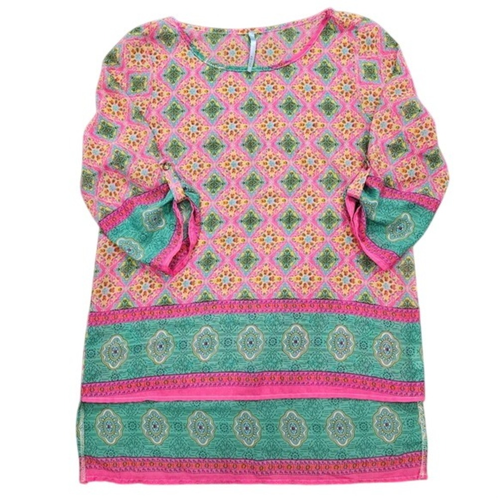 Pink Teal Medallion Print Roll Tab Sleeve Tunic Top Womens Size Medium Boho
